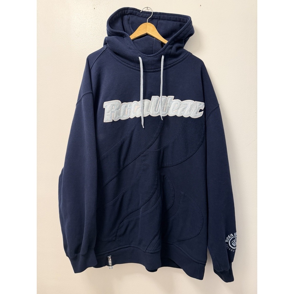 Vintage Y2K Rocawear Blue Ribbed Knit Hoodie Men's 3XL Spell Out Logo RARE 90s